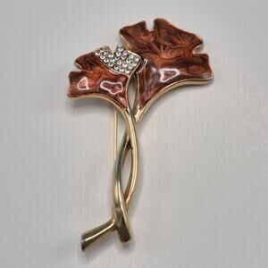 Vintage Ginko Leaf Enameled Brooch Gold-tone and Rhinestones in Marbled Brown